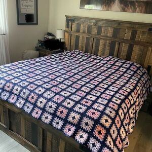 Handmade Granny Square king Size Blanket- Blue, pink and purple colours.